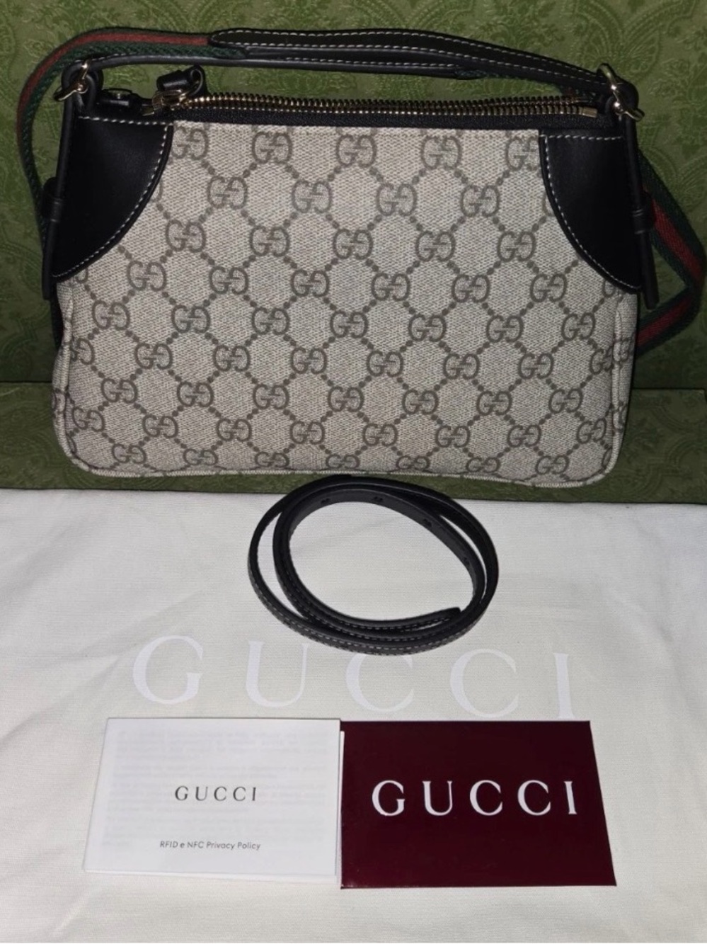 Gucci Beige GG Canvas Crossbody with Black Leather Trim